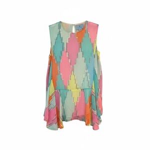 CeCe Neon Geometric Argyle Sleeveless Ruffle Hem Mini Dress/Tunic Size Small